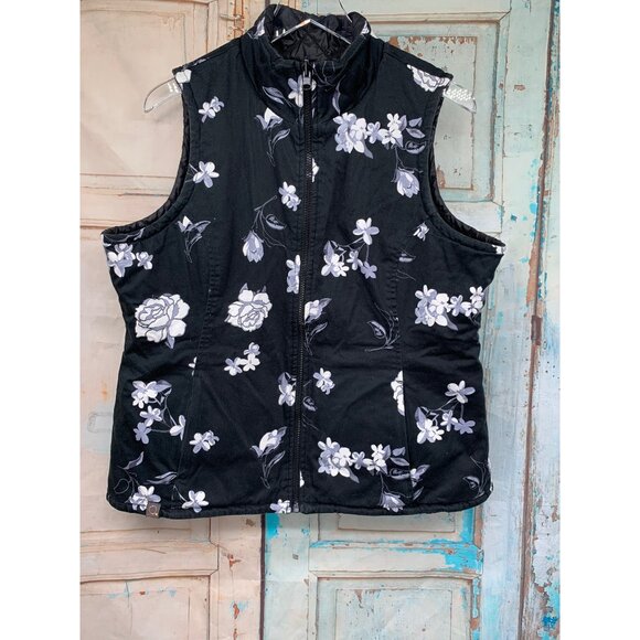 Jaannu Womans XL Reversible Puffer Vest Black / BLK / WHT Flowers Pockets - Picture 2 of 14